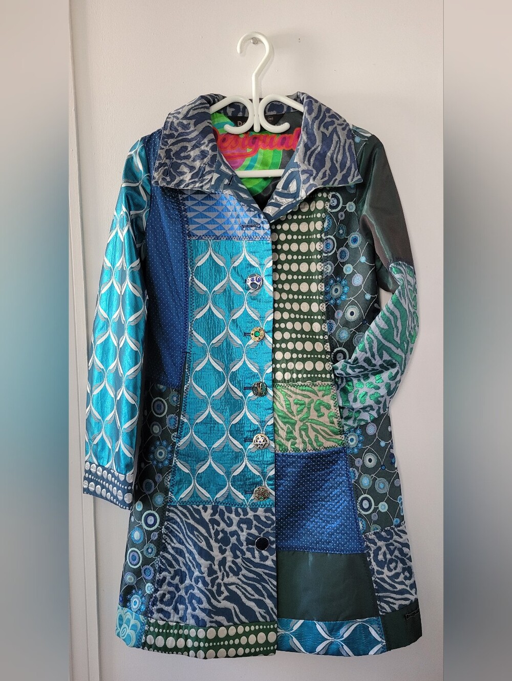 Desigual Vibrant Blue & Green Patchwork Coat - Size 40 (US 8/M) NWOT